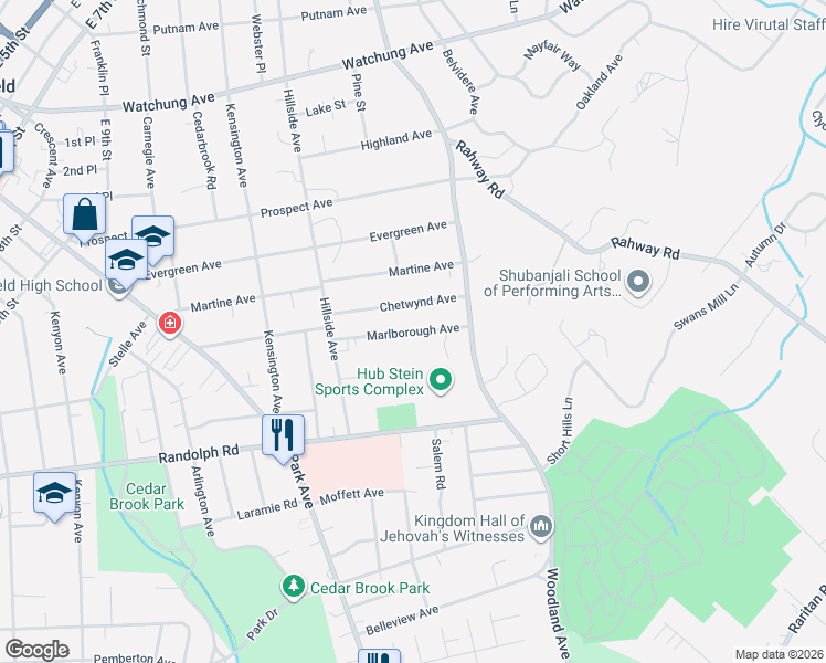 map of restaurants, bars, coffee shops, grocery stores, and more near 1348-52 Chetwynd Avenue in Plainfield