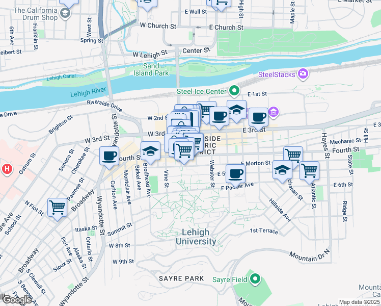 map of restaurants, bars, coffee shops, grocery stores, and more near 21 East 4th Street in Bethlehem