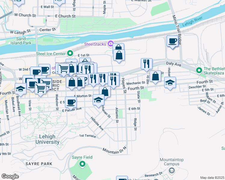 map of restaurants, bars, coffee shops, grocery stores, and more near 740 East 4th Street in Bethlehem
