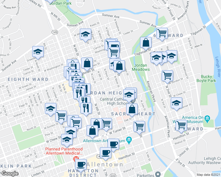 map of restaurants, bars, coffee shops, grocery stores, and more near 443 W Liberty St in Allentown