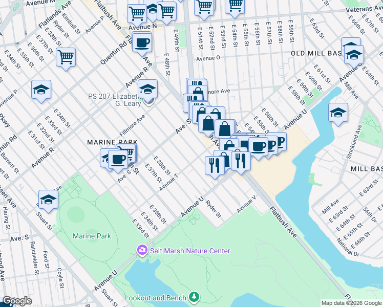 map of restaurants, bars, coffee shops, grocery stores, and more near 2069 Coleman Street in Brooklyn
