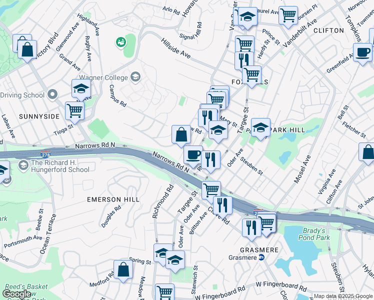 map of restaurants, bars, coffee shops, grocery stores, and more near 11 Concord Place in Staten Island