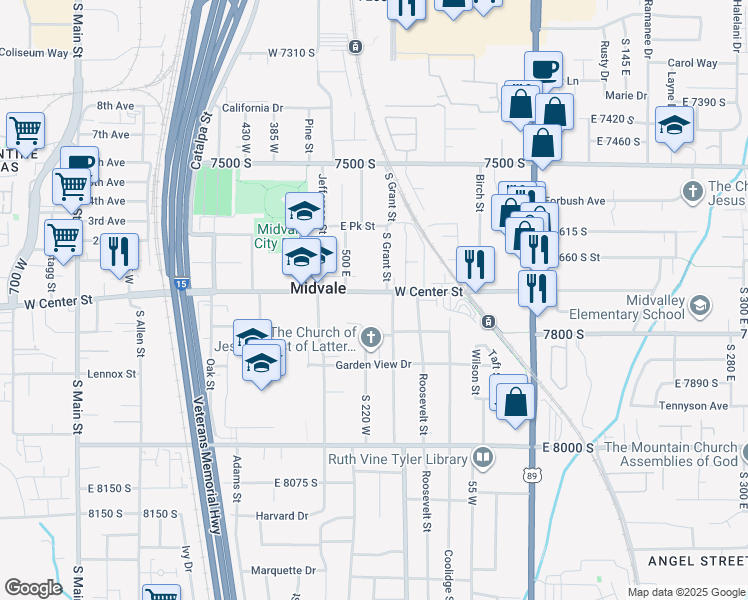 map of restaurants, bars, coffee shops, grocery stores, and more near 197 West Center Street in Midvale