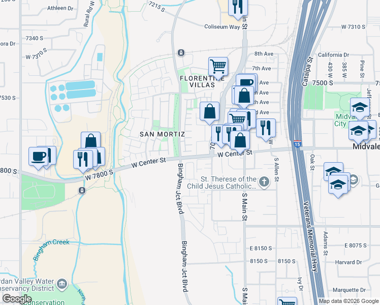 map of restaurants, bars, coffee shops, grocery stores, and more near in Midvale