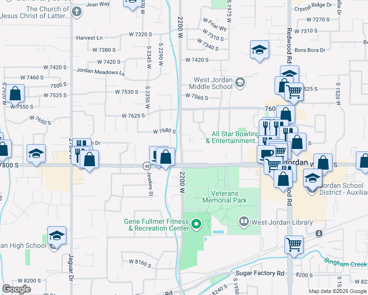 map of restaurants, bars, coffee shops, grocery stores, and more near 2162 Westfield Circle in West Jordan