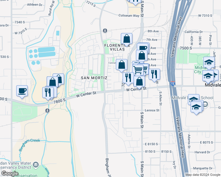 map of restaurants, bars, coffee shops, grocery stores, and more near 855 Pantani Court in Midvale