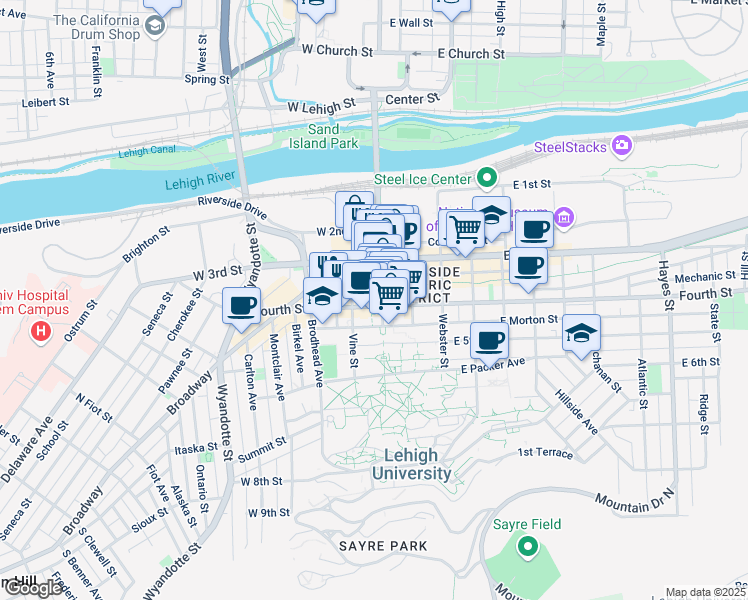 map of restaurants, bars, coffee shops, grocery stores, and more near 7 West 4th Street in Bethlehem