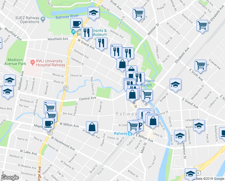 map of restaurants, bars, coffee shops, grocery stores, and more near 1516 Esterbrook Avenue in Rahway