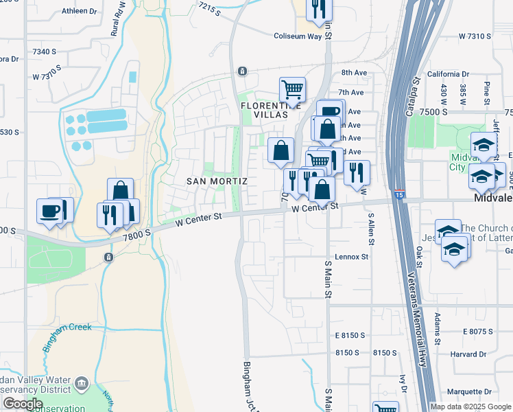 map of restaurants, bars, coffee shops, grocery stores, and more near 853 Pantani Court in Midvale