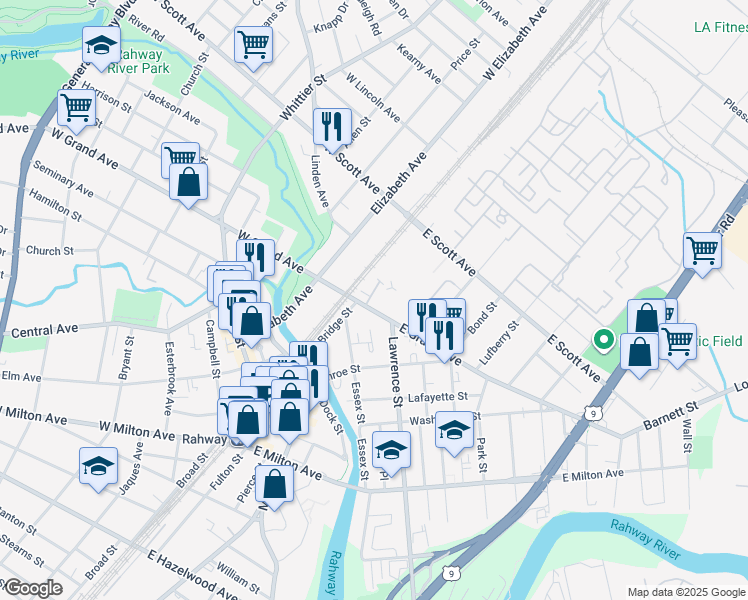 map of restaurants, bars, coffee shops, grocery stores, and more near 36 East Grand Avenue in Rahway