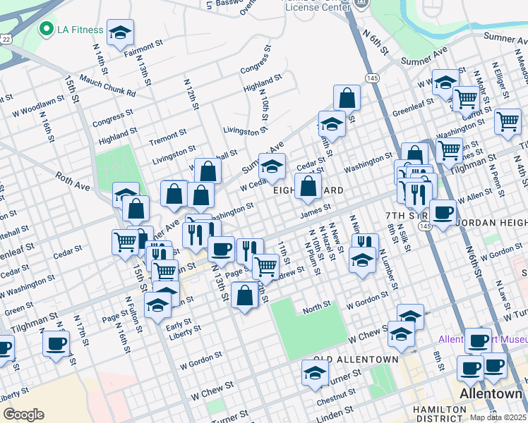 map of restaurants, bars, coffee shops, grocery stores, and more near 742 North 11th Street in Allentown
