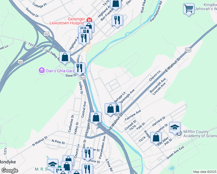 map of restaurants, bars, coffee shops, grocery stores, and more near 208 Spring Street in Lewistown