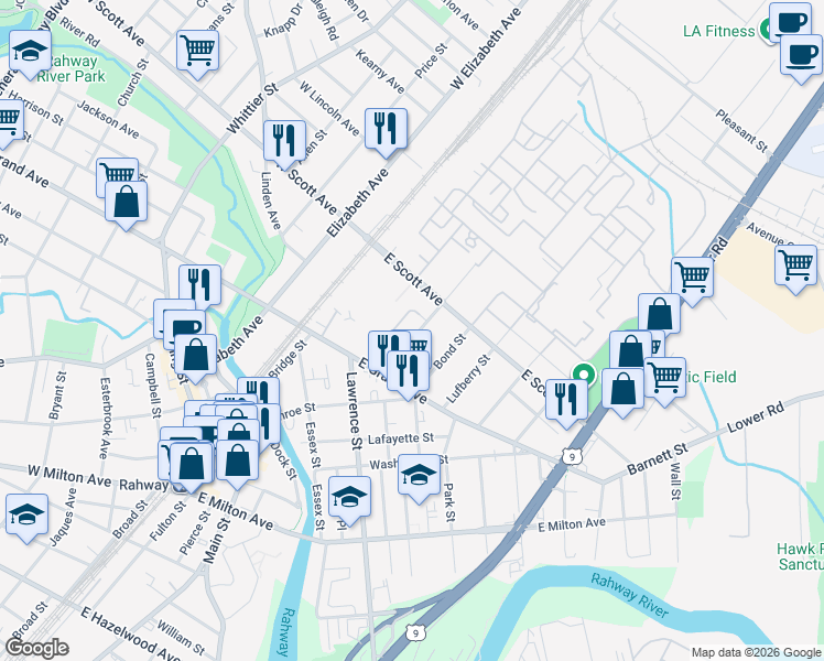 map of restaurants, bars, coffee shops, grocery stores, and more near 1948 Montgomery Street in Rahway
