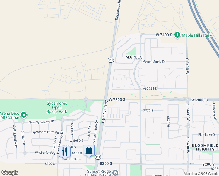 map of restaurants, bars, coffee shops, grocery stores, and more near 7716 New Snowbell Lane in West Jordan