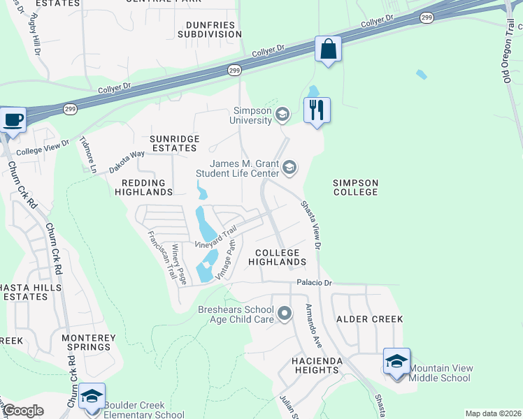 map of restaurants, bars, coffee shops, grocery stores, and more near 2080 Vineyard Trail in Redding