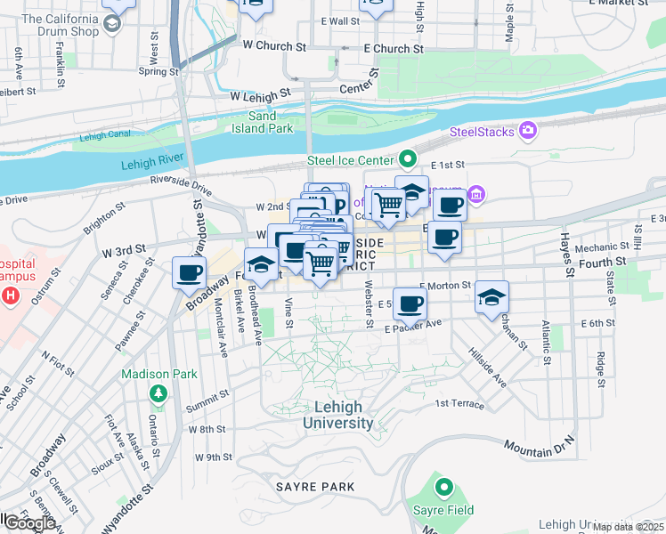 map of restaurants, bars, coffee shops, grocery stores, and more near 23 East 4th Street in Bethlehem