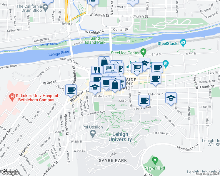 map of restaurants, bars, coffee shops, grocery stores, and more near 79 West 4th Street in Bethlehem