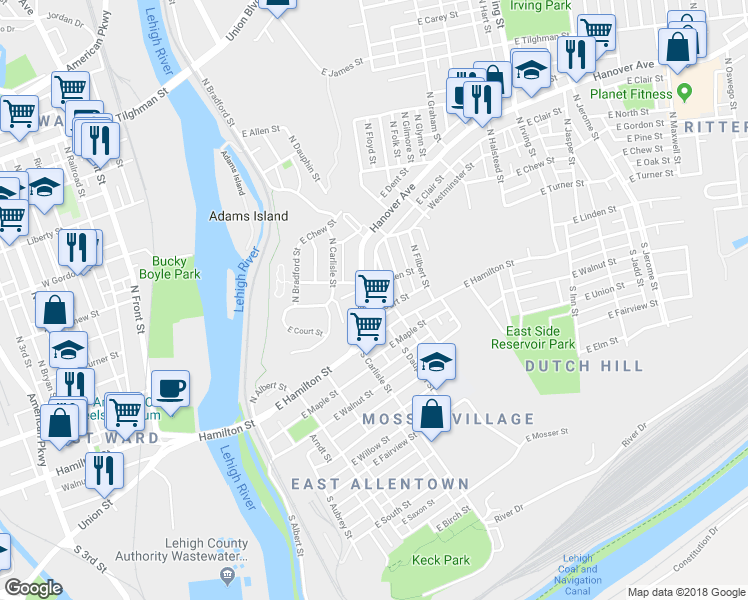 map of restaurants, bars, coffee shops, grocery stores, and more near 348 North Clair Street in Allentown