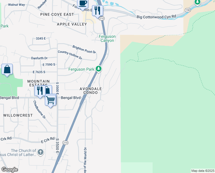 map of restaurants, bars, coffee shops, grocery stores, and more near 7732 Timberline Drive in Cottonwood Heights