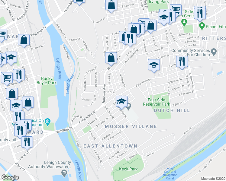 map of restaurants, bars, coffee shops, grocery stores, and more near 429 East Court Street in Allentown