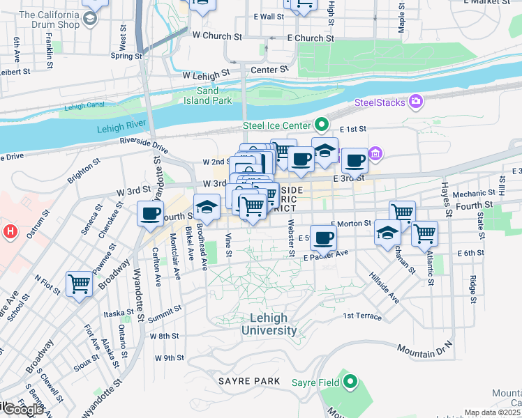 map of restaurants, bars, coffee shops, grocery stores, and more near 21 East 4th Street in Bethlehem