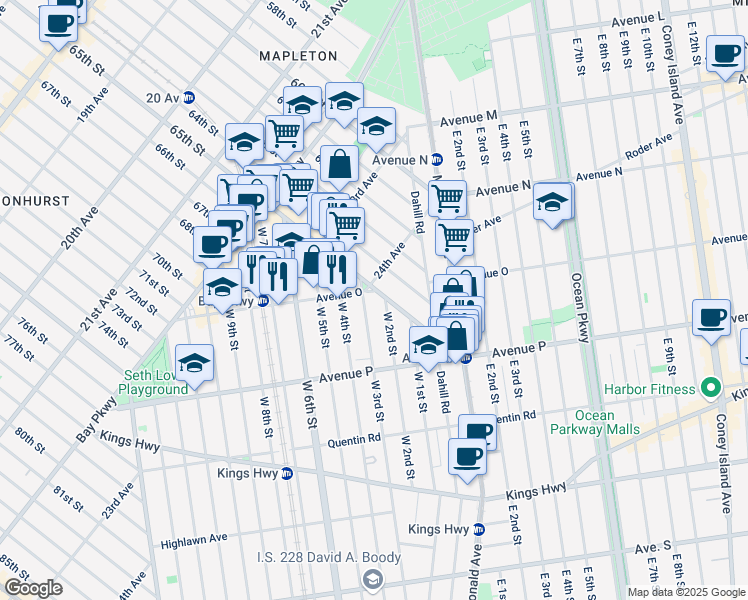 map of restaurants, bars, coffee shops, grocery stores, and more near 2402 65th Street in Brooklyn