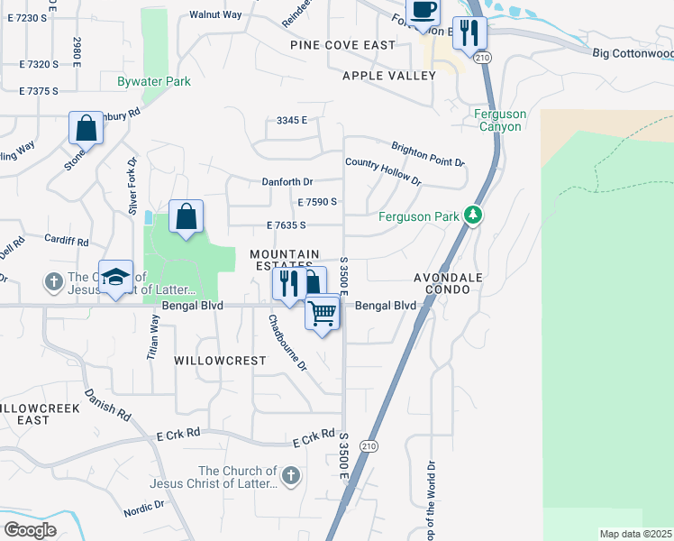 map of restaurants, bars, coffee shops, grocery stores, and more near 3484 Summer Hill Drive in Cottonwood Heights