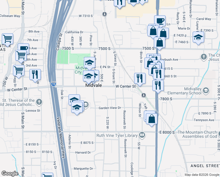 map of restaurants, bars, coffee shops, grocery stores, and more near in Midvale