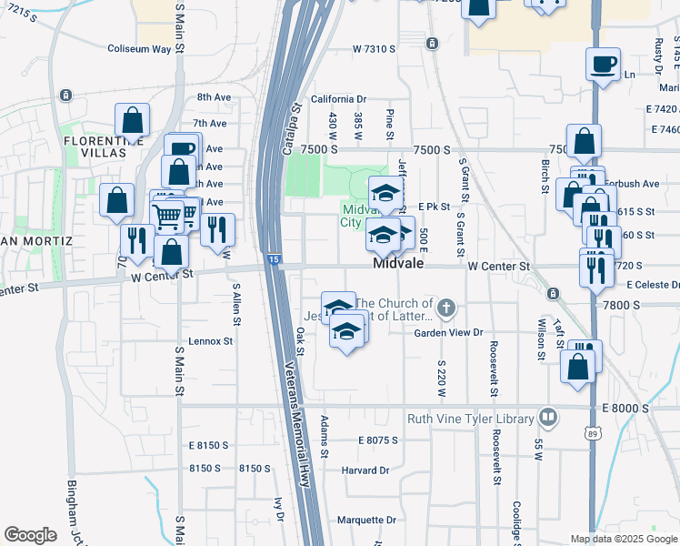 map of restaurants, bars, coffee shops, grocery stores, and more near 434 West Center Street in Midvale
