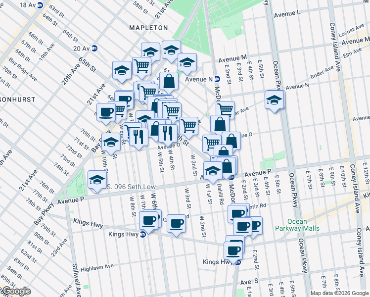 map of restaurants, bars, coffee shops, grocery stores, and more near Avenue O in Brooklyn