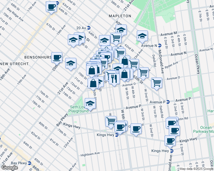 map of restaurants, bars, coffee shops, grocery stores, and more near 1408 West 7th Street in Brooklyn