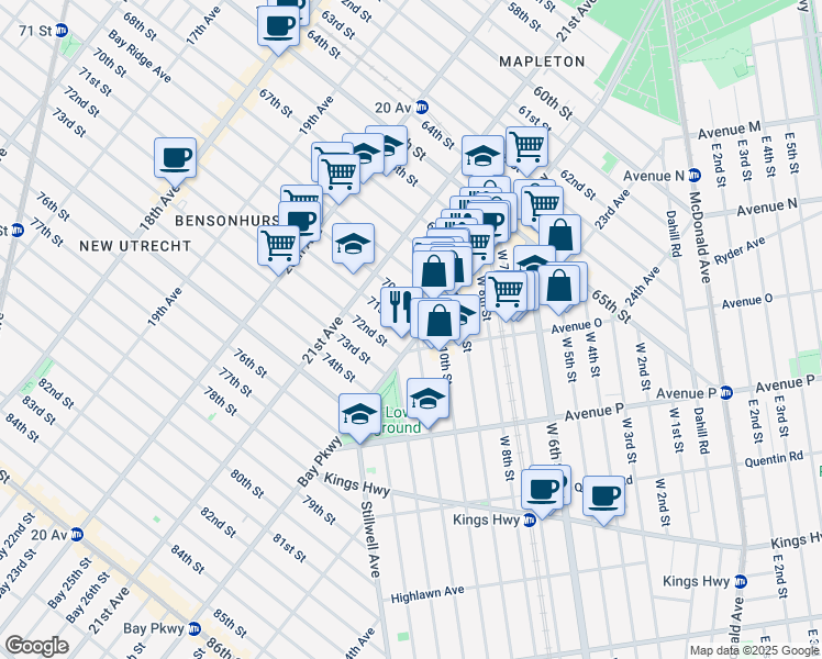 map of restaurants, bars, coffee shops, grocery stores, and more near 7000 Bay Parkway in Brooklyn