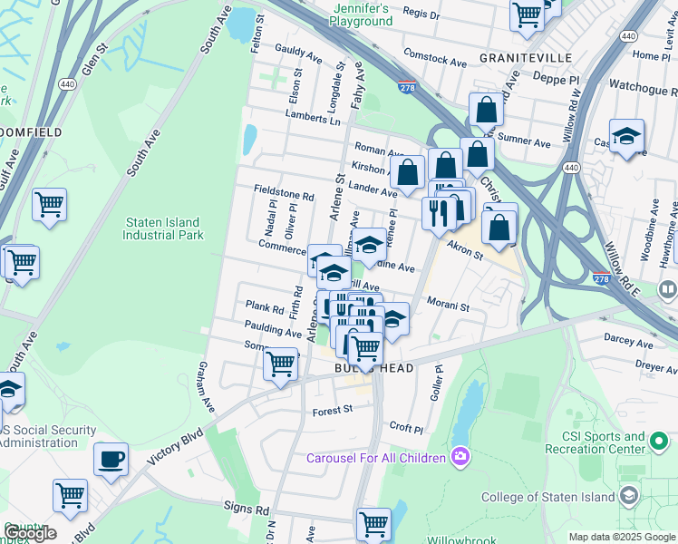 map of restaurants, bars, coffee shops, grocery stores, and more near 293 Arlene Street in Staten Island