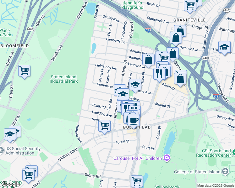 map of restaurants, bars, coffee shops, grocery stores, and more near 293 Arlene Street in Staten Island