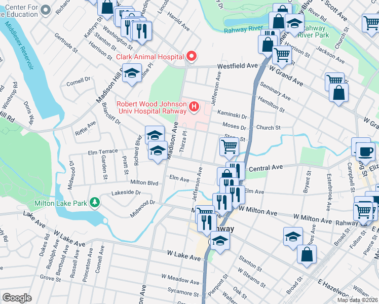 map of restaurants, bars, coffee shops, grocery stores, and more near 1084 Thirza Place in Rahway