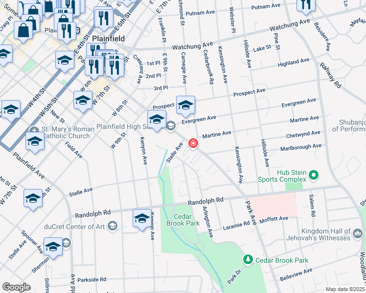 map of restaurants, bars, coffee shops, grocery stores, and more near in Plainfield