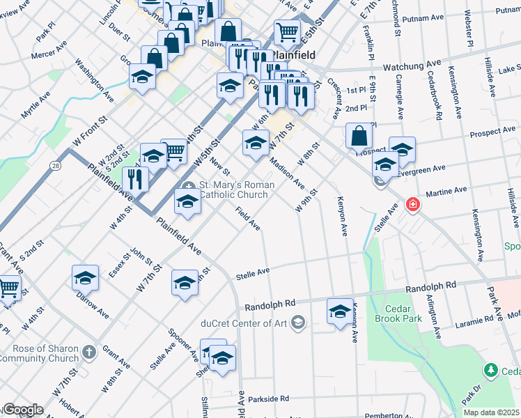 map of restaurants, bars, coffee shops, grocery stores, and more near 412 West 8th Street in Plainfield