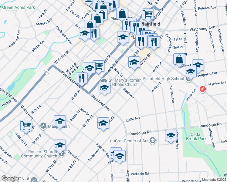 map of restaurants, bars, coffee shops, grocery stores, and more near 452 West 7th Street in Plainfield
