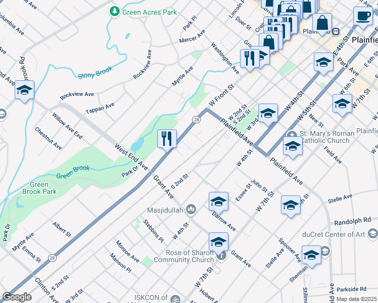 map of restaurants, bars, coffee shops, grocery stores, and more near 118 Lafayette Place in Plainfield