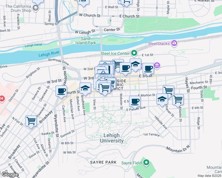 map of restaurants, bars, coffee shops, grocery stores, and more near 325 South New Street in Bethlehem