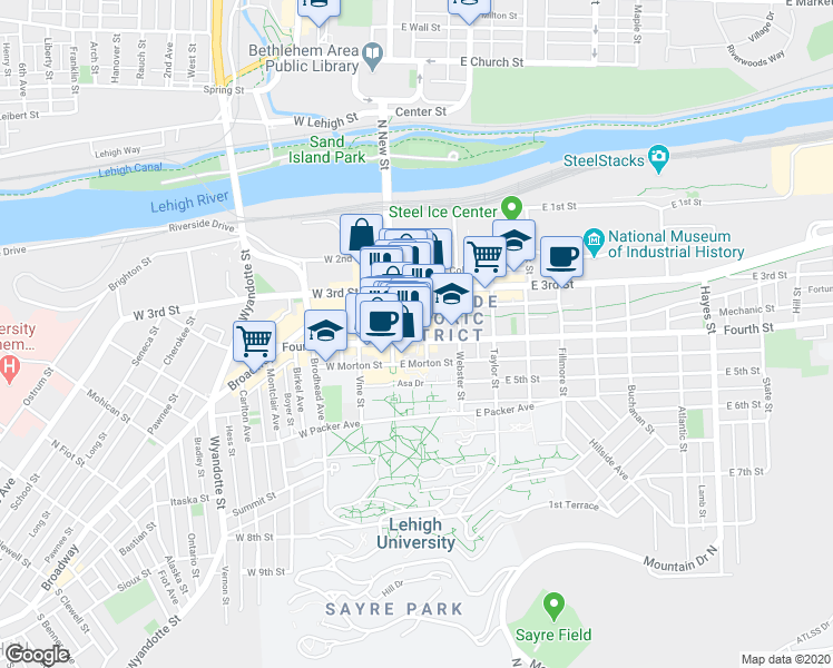 map of restaurants, bars, coffee shops, grocery stores, and more near 325 South New Street in Bethlehem