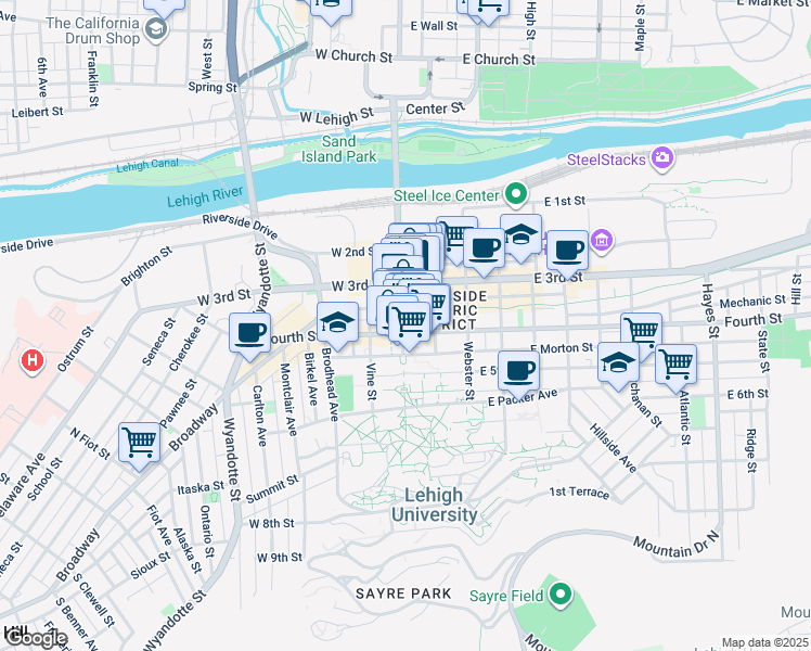 map of restaurants, bars, coffee shops, grocery stores, and more near 325 South New Street in Bethlehem