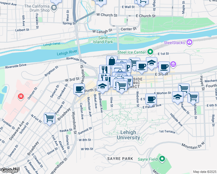 map of restaurants, bars, coffee shops, grocery stores, and more near 329 Vine Street in Bethlehem