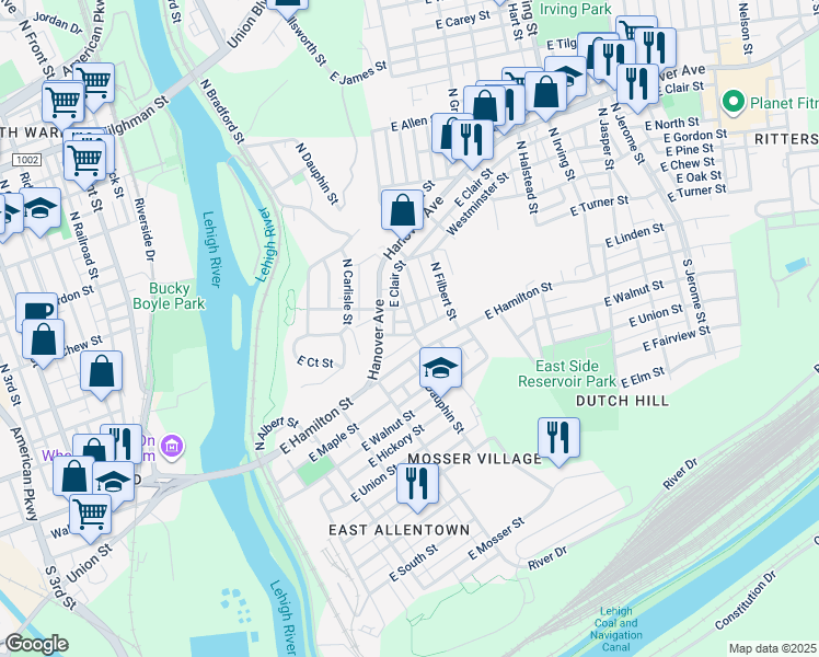 map of restaurants, bars, coffee shops, grocery stores, and more near 32 North Ellsworth Street in Allentown