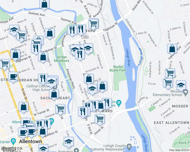 map of restaurants, bars, coffee shops, grocery stores, and more near 328 Ridge Avenue in Allentown