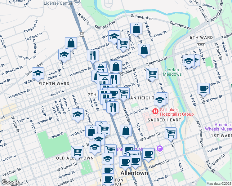 map of restaurants, bars, coffee shops, grocery stores, and more near 602 North 6th Street in Allentown