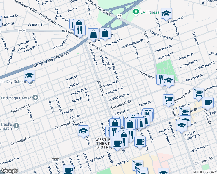 map of restaurants, bars, coffee shops, grocery stores, and more near 1819 Tremont Street in Allentown