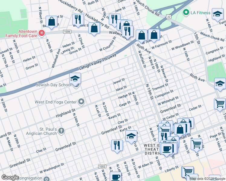 map of restaurants, bars, coffee shops, grocery stores, and more near 1123 North 21st Street in Allentown