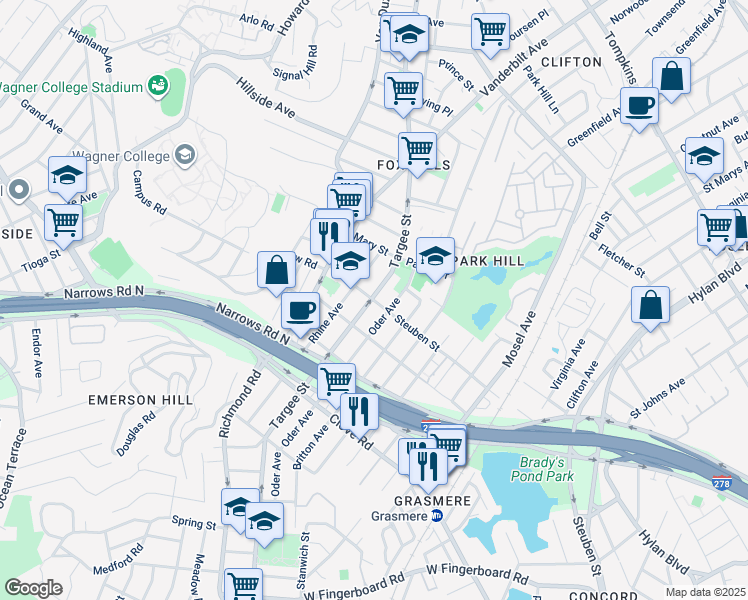 map of restaurants, bars, coffee shops, grocery stores, and more near 77 Steuben Street in Staten Island