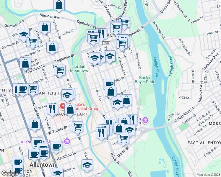 map of restaurants, bars, coffee shops, grocery stores, and more near 190 West Gordon Street in Allentown